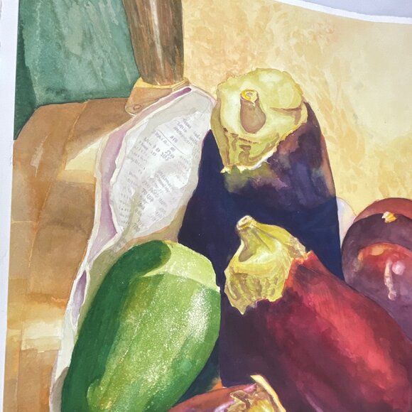 Vibrant Still Life Watercolor Painting Of Eggplants and Zucchini On Rustic Backg - Picture 4 of 9